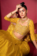 Load image into Gallery viewer, yellow banarasi chanderi lehenga set with organza dupattat and blouse