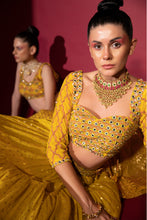 Load image into Gallery viewer, yellow banarasi chanderi lehenga set with organza dupattat and blouse