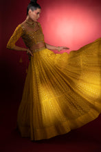 Load image into Gallery viewer, yellow banarasi chanderi lehenga set with organza dupattat and blouse