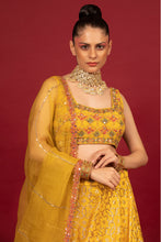 Load image into Gallery viewer, yellow banarasi chanderi lehenga set with organza dupattat and blouse
