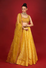 Load image into Gallery viewer, yellow banarasi chanderi lehenga set with organza dupattat and blouse