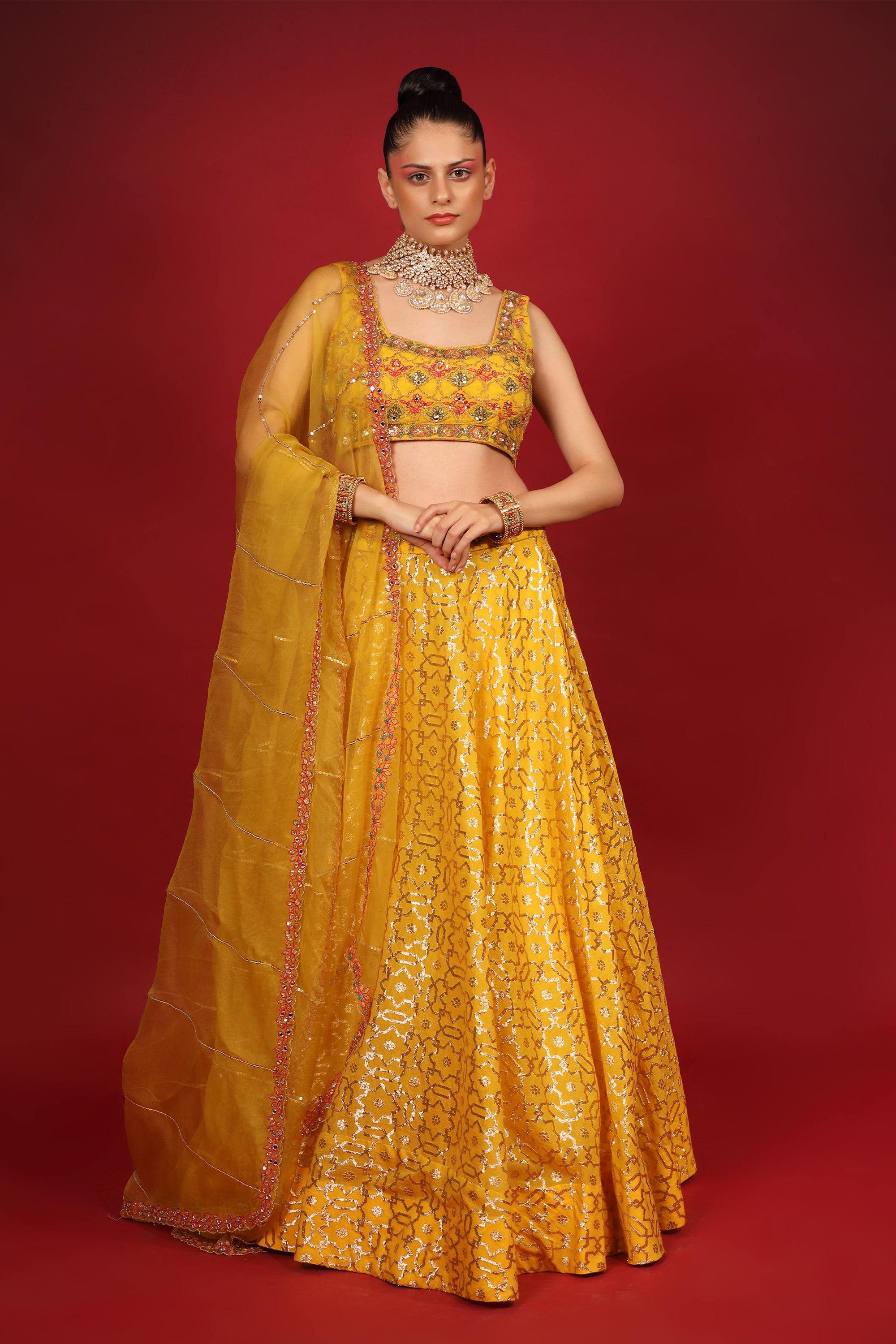 Yellow Banarasi Chanderi Lehenga Set main image 0