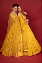 Load image into Gallery viewer, yellow banarasi chanderi lehenga set with organza dupattat and blouse
