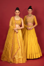 Load image into Gallery viewer, yellow banarasi chanderi lehenga set with organza dupattat and blouse