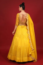 Load image into Gallery viewer, yellow banarasi chanderi lehenga set with organza dupattat and blouse