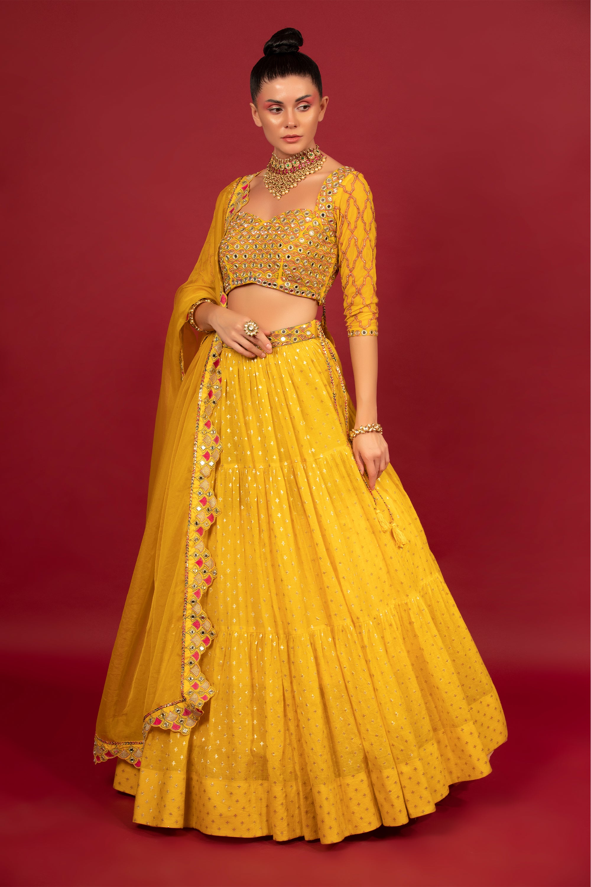 Yellow Banarasi Chanderi Lehenga Set main image 1
