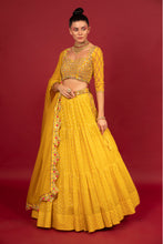 Load image into Gallery viewer, yellow banarasi chanderi lehenga set with organza dupattat and blouse