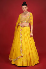Load image into Gallery viewer, yellow banarasi chanderi lehenga set with organza dupattat and blouse