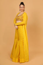 Load image into Gallery viewer, yellow self chanderi garara set with cape and blouse