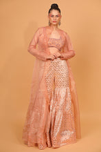 Load image into Gallery viewer, peach banarasi chanderi sharara with organza cape and blouse