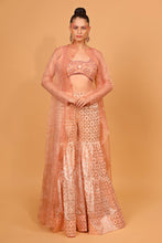 Load image into Gallery viewer, peach banarasi chanderi sharara with organza cape and blouse