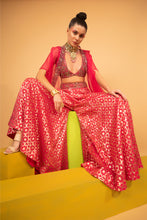 Load image into Gallery viewer, rani banarasi chanderi sharara with organza cape and blouse