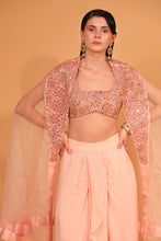Load image into Gallery viewer, peach organza cape with crepe dhoti set with cape