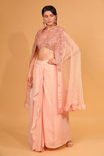 Load image into Gallery viewer, peach organza cape with crepe dhoti set with cape