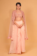 Load image into Gallery viewer, peach organza cape with crepe dhoti set with cape