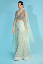 Load image into Gallery viewer, sea green banarasi chanderi sharara with organza cape and blouse