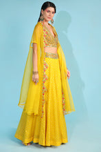 Load image into Gallery viewer, yellow banarasi chanderi sharara with organza cape and blouse