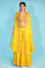 Load image into Gallery viewer, yellow banarasi chanderi sharara with organza cape and blouse