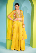 Load image into Gallery viewer, yellow banarasi chanderi sharara with organza cape and blouse