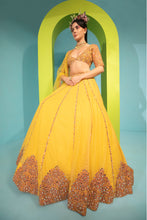 Load image into Gallery viewer, yellow net lehenga set with organza dupattat and blouse