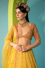Load image into Gallery viewer, yellow net lehenga set with organza dupattat and blouse
