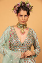 Load image into Gallery viewer, blue net lehenga set with organza dupattat and blouse