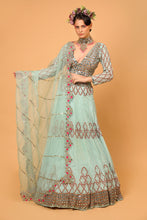 Load image into Gallery viewer, blue net lehenga set with organza dupattat and blouse