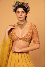 Load image into Gallery viewer, yellow net lehenga set with organza dupattat and blouse