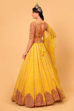 Load image into Gallery viewer, yellow net lehenga set with organza dupattat and blouse