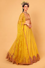 Load image into Gallery viewer, yellow net lehenga set with organza dupattat and blouse