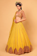 Load image into Gallery viewer, yellow net lehenga set with organza dupattat and blouse