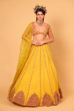 Load image into Gallery viewer, yellow net lehenga set with organza dupattat and blouse