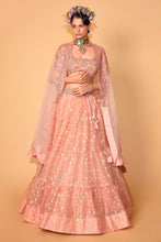Load image into Gallery viewer, peach banarasi organza lehenga wite organza cape and blouse