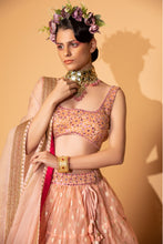 Load image into Gallery viewer, Peach banarasi organza lehenga with organza dupattat and blouse