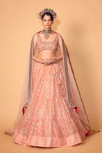 Load image into Gallery viewer, Peach banarasi organza lehenga with organza dupattat and blouse