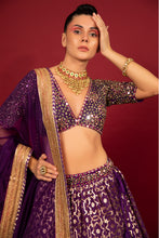 Load image into Gallery viewer, purple banarasi chanderi lehenga set with organza dupattat and blouse