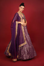 Load image into Gallery viewer, purple banarasi chanderi lehenga set with organza dupattat and blouse