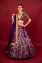 Load image into Gallery viewer, purple banarasi chanderi lehenga set with organza dupattat and blouse
