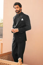Load image into Gallery viewer, Nocturnal Sophistication: Black Tuxedo Suit with Katdana, Nalki, and Moti Motifs