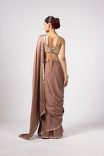 Load image into Gallery viewer, DEEP BEIGE SATIN SAREE WITH SQUARE NECK BLOUSE