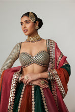 Load image into Gallery viewer, CRANBERRY MULTICOLOR LINEAR LEHENGA WITH SWEETHEART FULL SLEEVE BLOUSE.