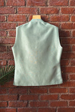 Load image into Gallery viewer, Creme Kurta and Pant with Sage Green Raw Silk Vest
