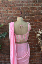 Load image into Gallery viewer, Pink Pre-draped saree with mirror work blouse