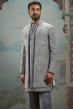 Load image into Gallery viewer, Grey Silk Indowestern with Dabka Embroidery