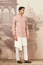 Load image into Gallery viewer, Peach Desert Linen Embroidered Bandhgala Set