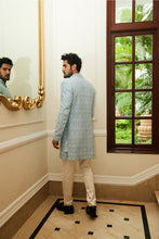 Load image into Gallery viewer, POWDER BLUE RAW SILK OPEN SHERWANI JACKET WITH KURTA AAND TROUSER