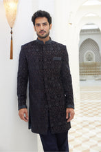 Load image into Gallery viewer, MIDNIGHT BLUE EMBROIDERED VELVET SHORT SHERWANI WITH KURTA AND TROUSER