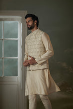 Load image into Gallery viewer, BEIGE KURTA CHURIDAR WITH WORKED BUNDI JACKET SET