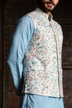 Load image into Gallery viewer, IVORY FLORAL MATKA JACKET WITH PODER BLUE KURTA AND IVORY DHOTI