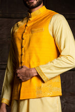 Load image into Gallery viewer, LEMON KURTA DHOTI SET WITH YELLOW RAW SILK EMBROIDERED JACKET